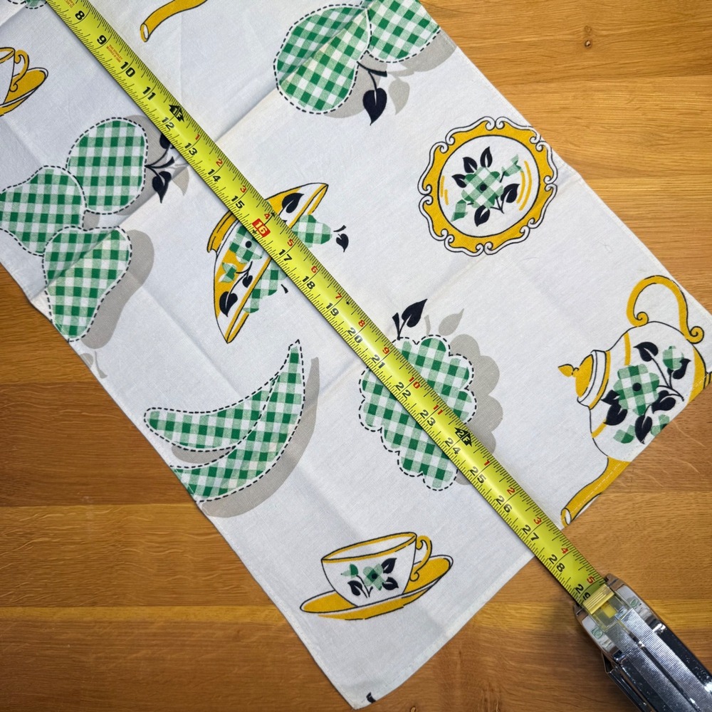 Vintage Mid Century Tea Towel Green Gingham Teapot Fruit Yellow White Retro MCM - Picture 4 of 4